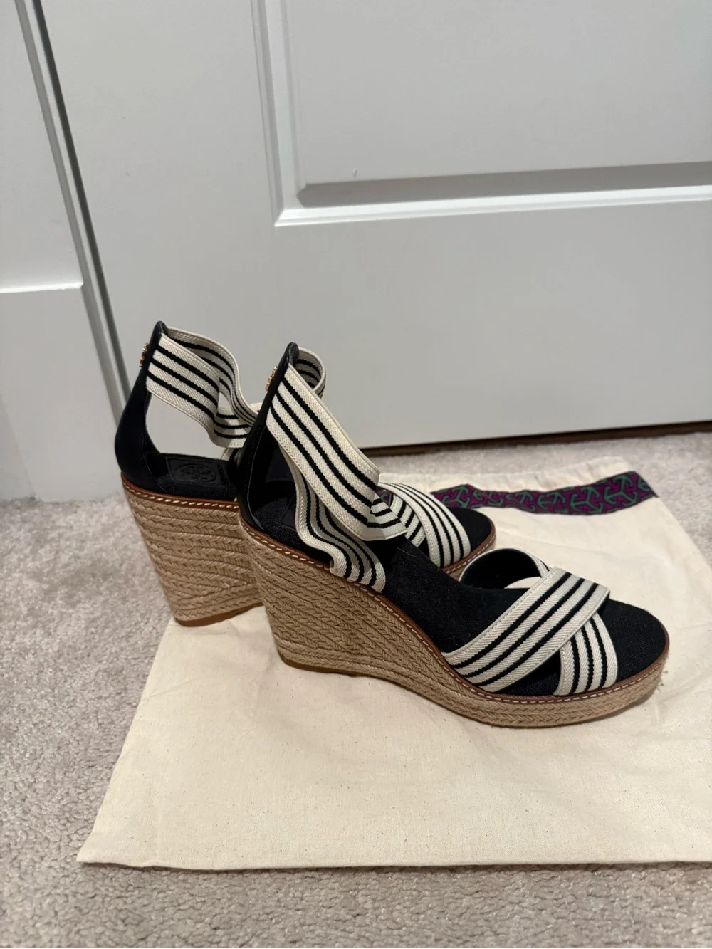 Tory Burch Black & White Striped Espadrille Wedge Sandals